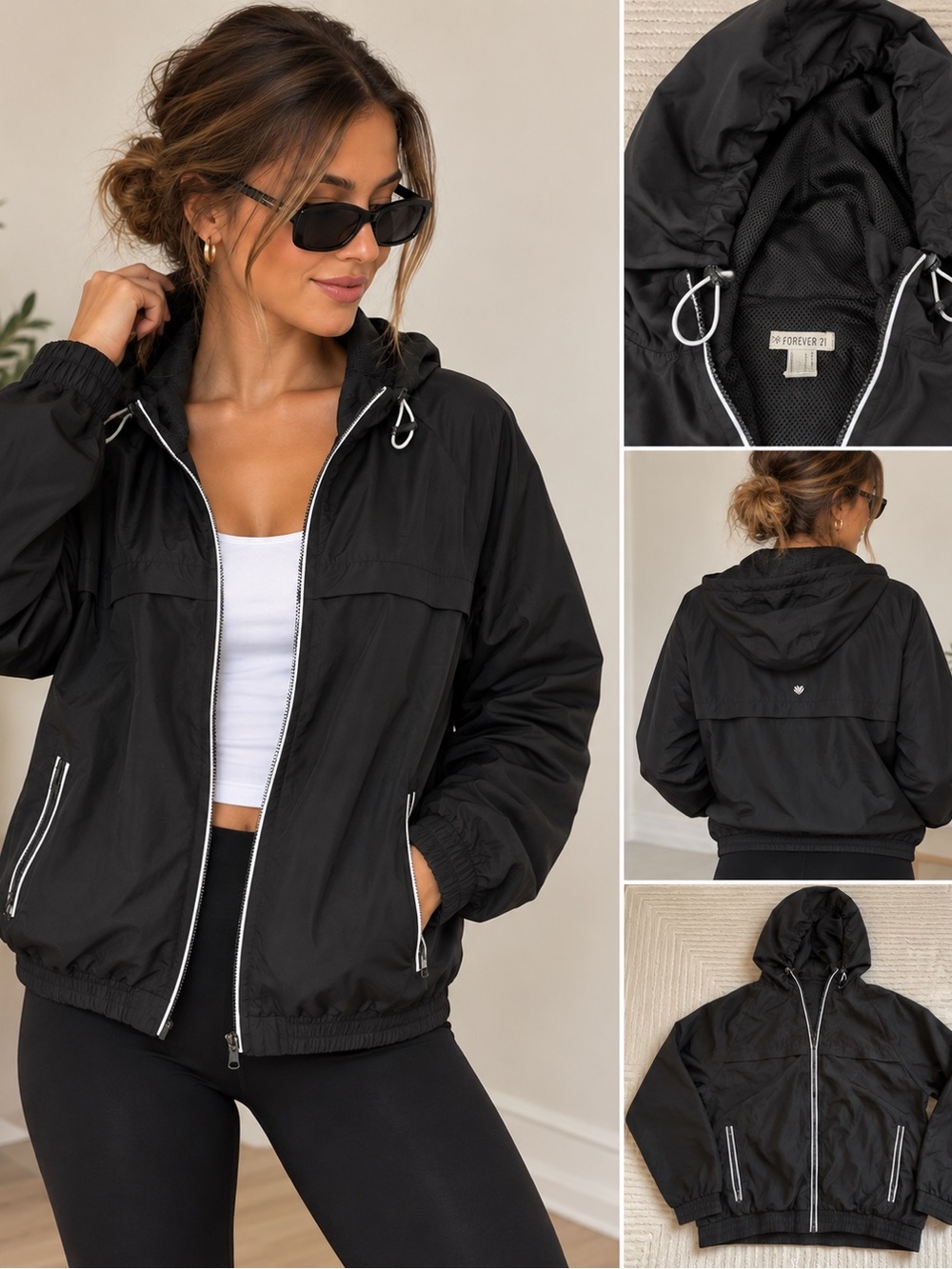 Forever 21 Black Hooded Bomber Windbreaker Jacket